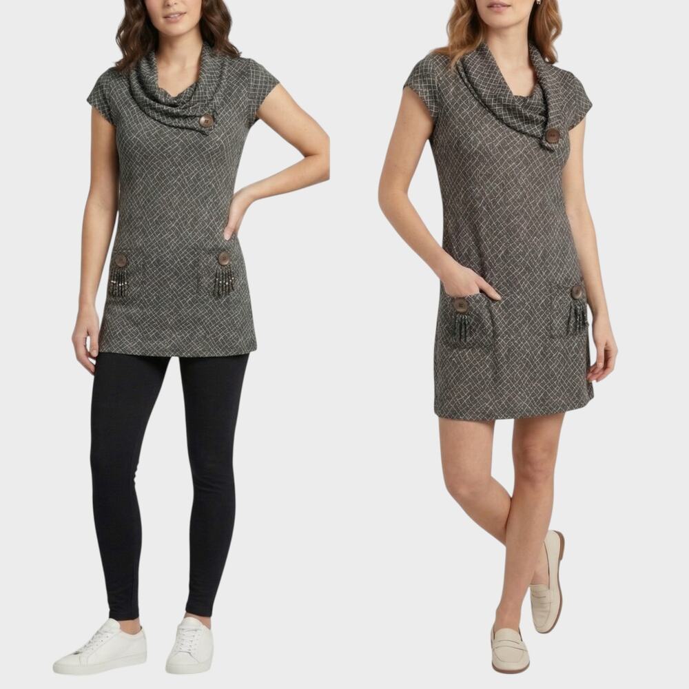 Papillon Small Dress or Tunic Sleeveless with Buttons Black Geo Print